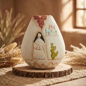 VTG Hand-painted Ceramic Pottery Vase Desert Scene & Motifs Tonala Art Style